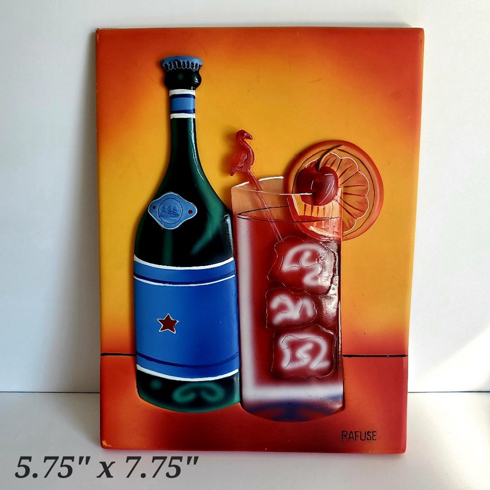 RARE Ceramic Wall Art RAFUSE 3D Vibrant Cocktail Plaque Bar Decor Artist Signed